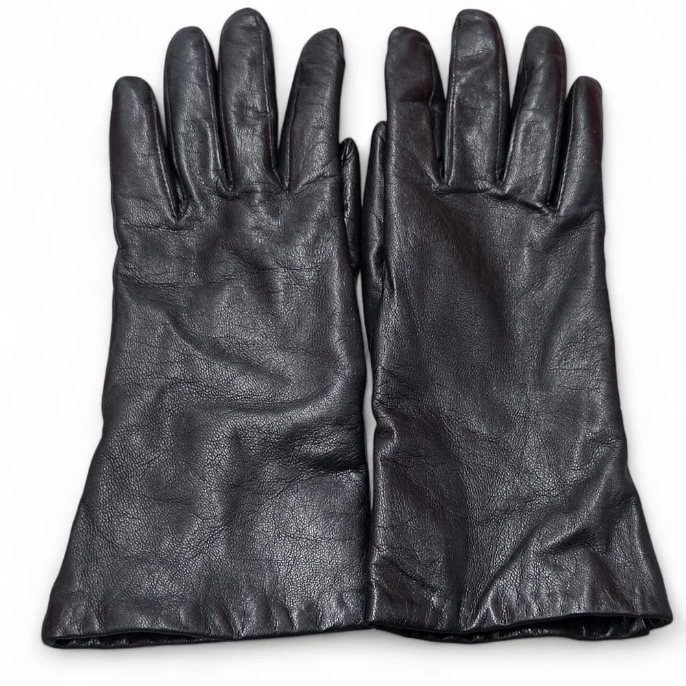 Vtg Isotoner Ladies Black Leather and Brown Cashmere Knit Gloves Size 7 Sm/Med**